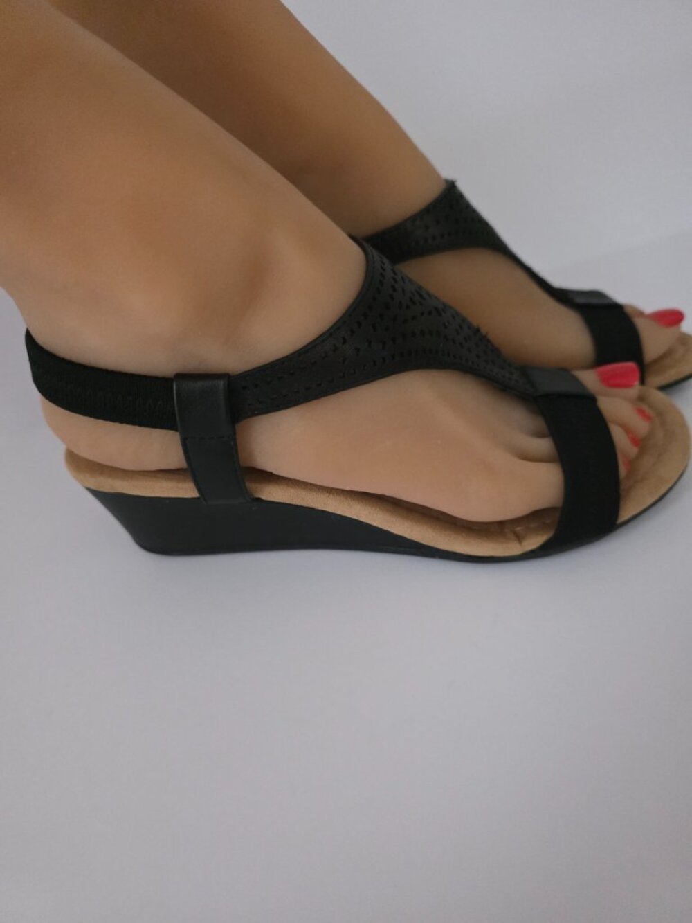 Alfani Step N Flex Black Perforated T-Strap Wedge Sandals, Size 5M - Picture 2 of 7